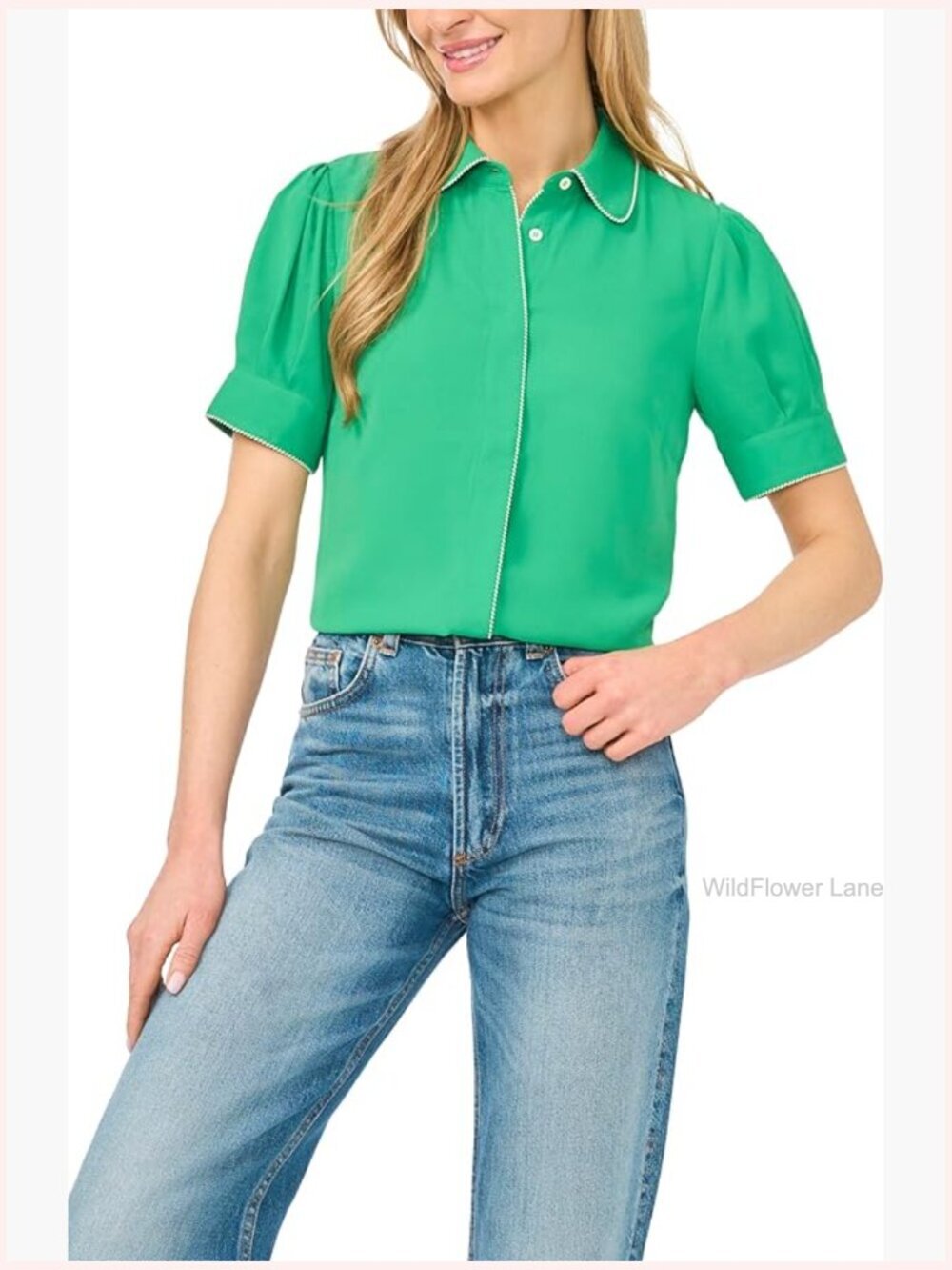Collared Button Up Blouse with Delicate Trim